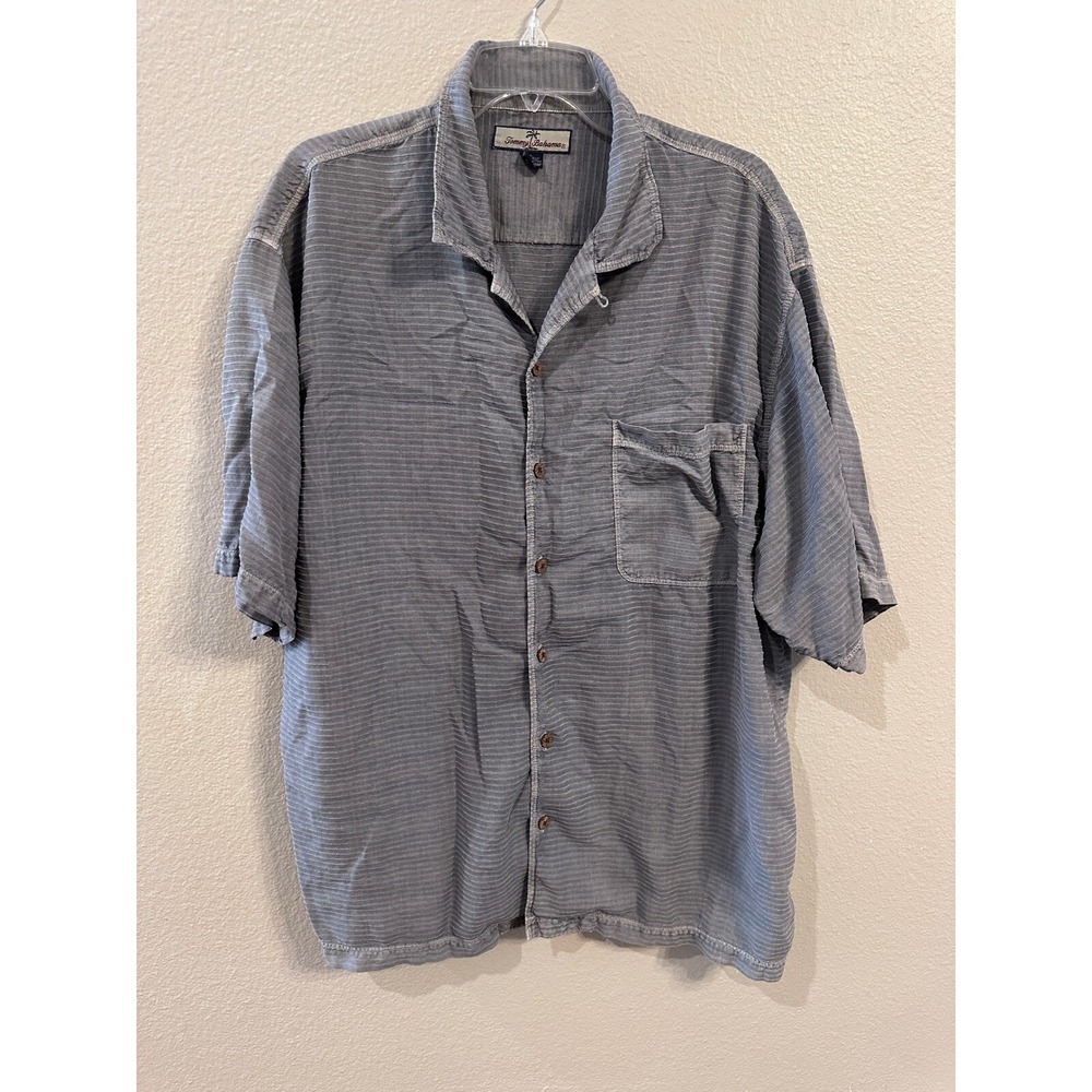Tommy Bahama Camp‎ Shirt Silk Blend Button Up Short Sleeve Gray Mens Large
